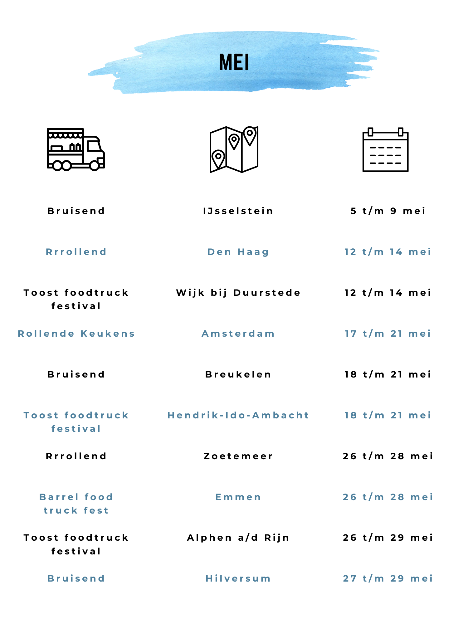 Foodtruck festival mei 2023 Bruisend Rrrollend Toost Rollende keukens Barrel IJsselstein, Den Haag, Wijk bij Duurstede, Amsterdam, Breukelen, Hendrik-Ido-Ambacht, Zoetemeer, Emmen, Alphen a/d Rijn, Hilversum