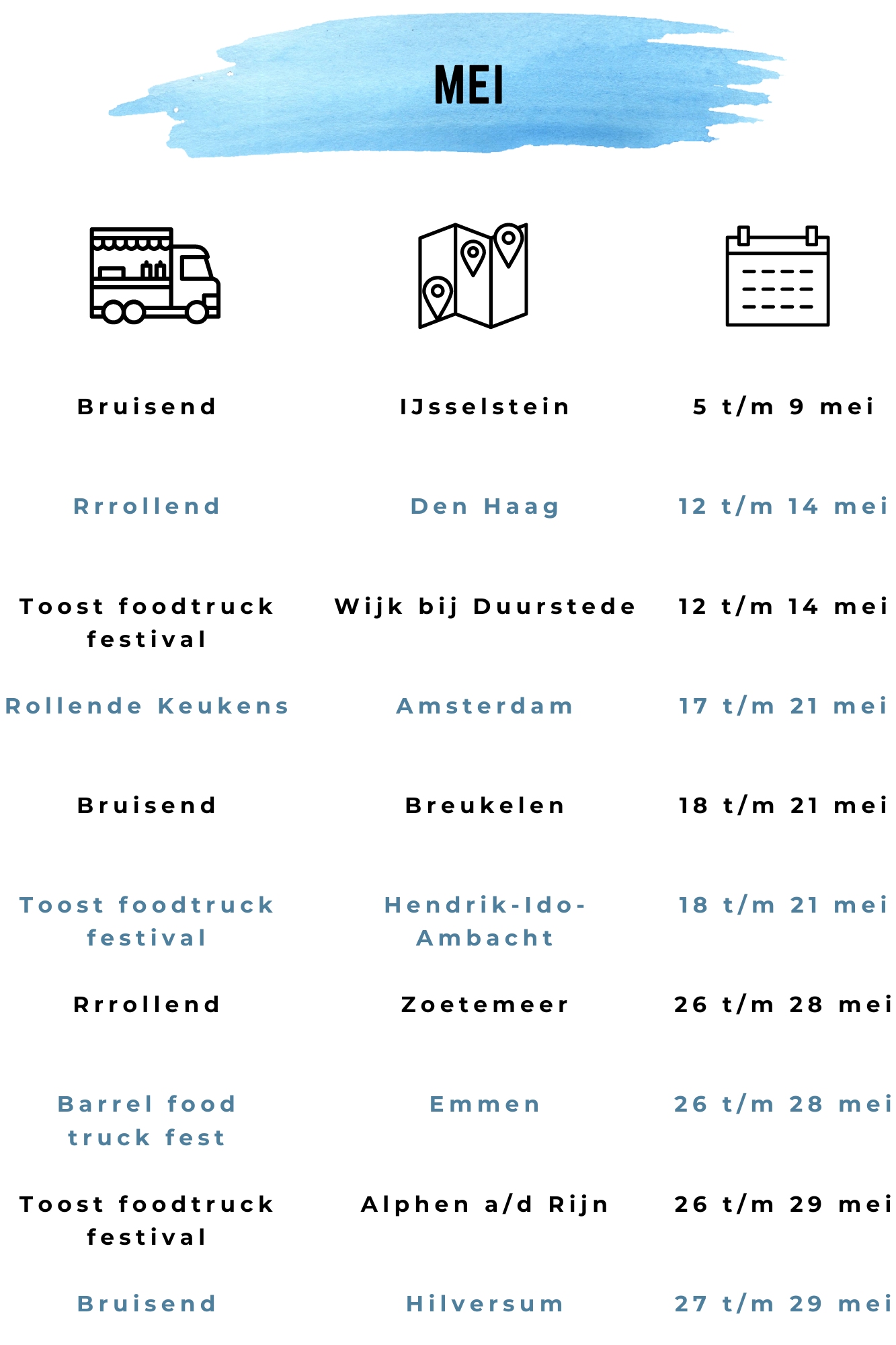 Foodtruck festival mei 2023 Bruisend Rrrollend Toost Rollende keukens Barrel IJsselstein, Den Haag, Wijk bij Duurstede, Amsterdam, Breukelen, Hendrik-Ido-Ambacht, Zoetemeer, Emmen, Alphen a/d Rijn, Hilversum