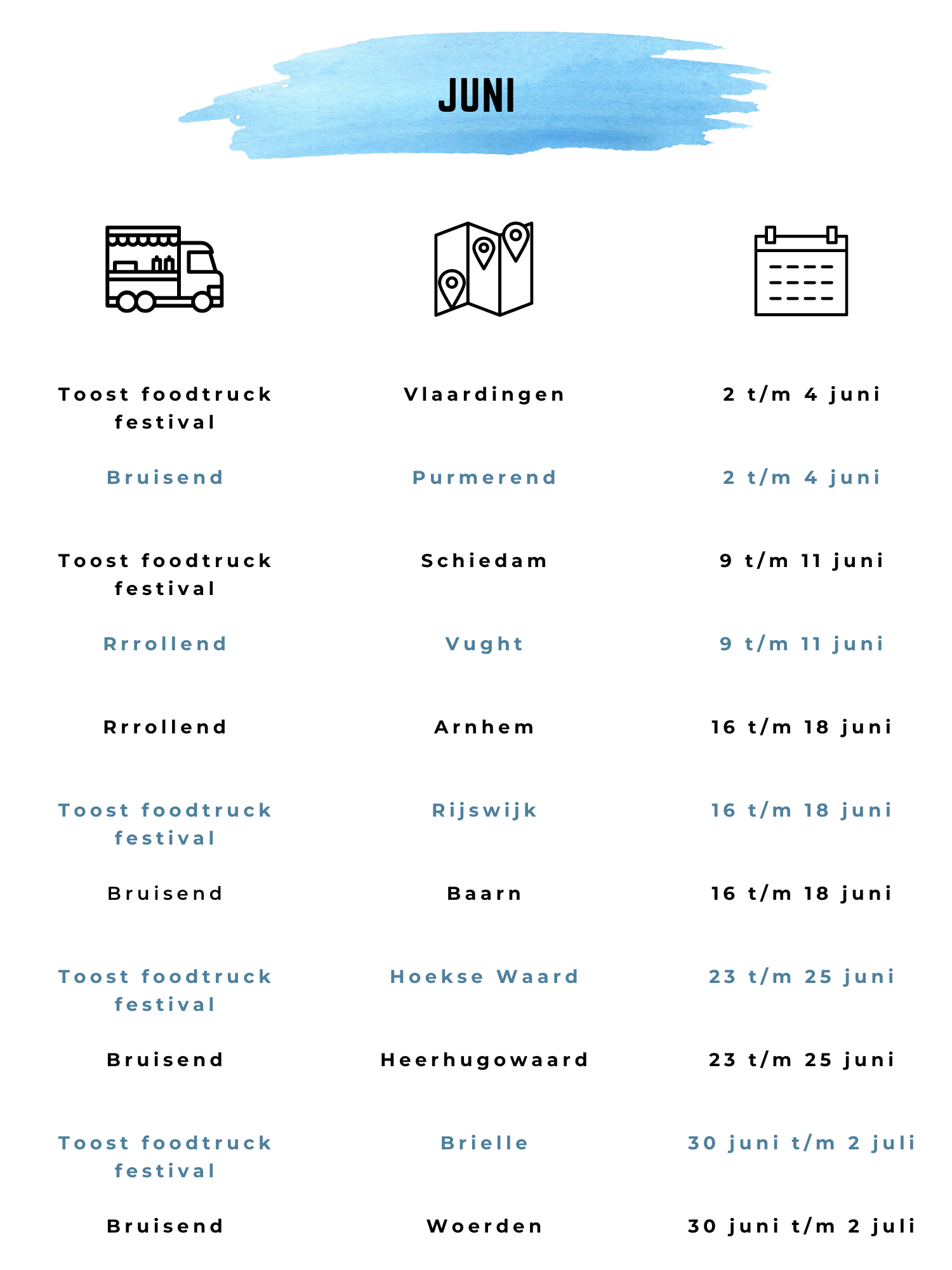 Foodtruck festival juni 2023 Toost Bruisend Rrrollend Vlaardingen Purmerend, schiedam, Vught, Arnhem, Rijswijk, Baarn, Hoekse Waard, Heerhugowaard, Brielle, Woerden