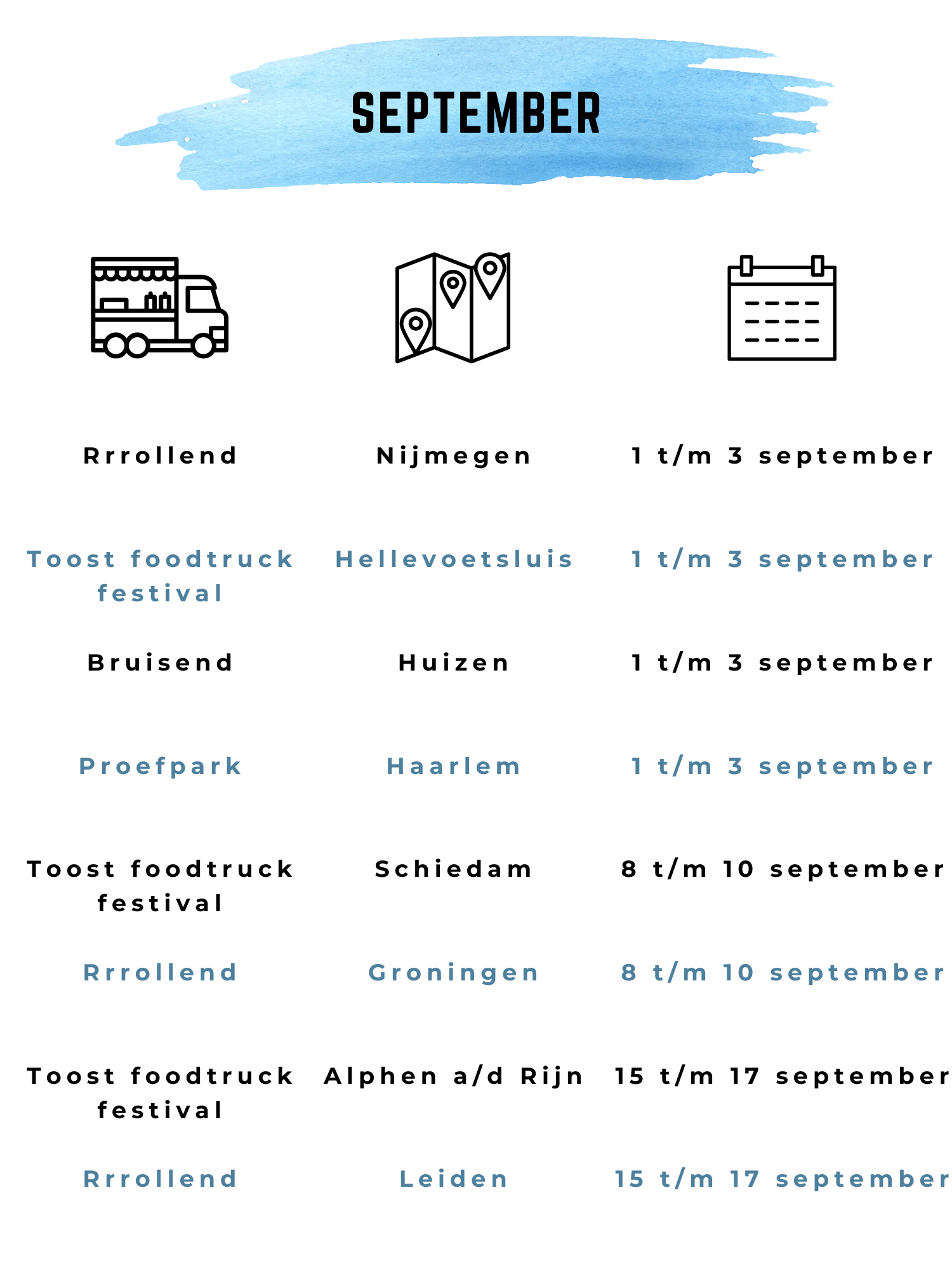 Foodtrucks festival sept 2023 Rrrollend, Toost, Bruisend, Proefpark, Nijmegen, Hellevoetsluis, Huizen, Haarlem, Schiedam, Groningen, Alphen a/d Rijn, Leiden