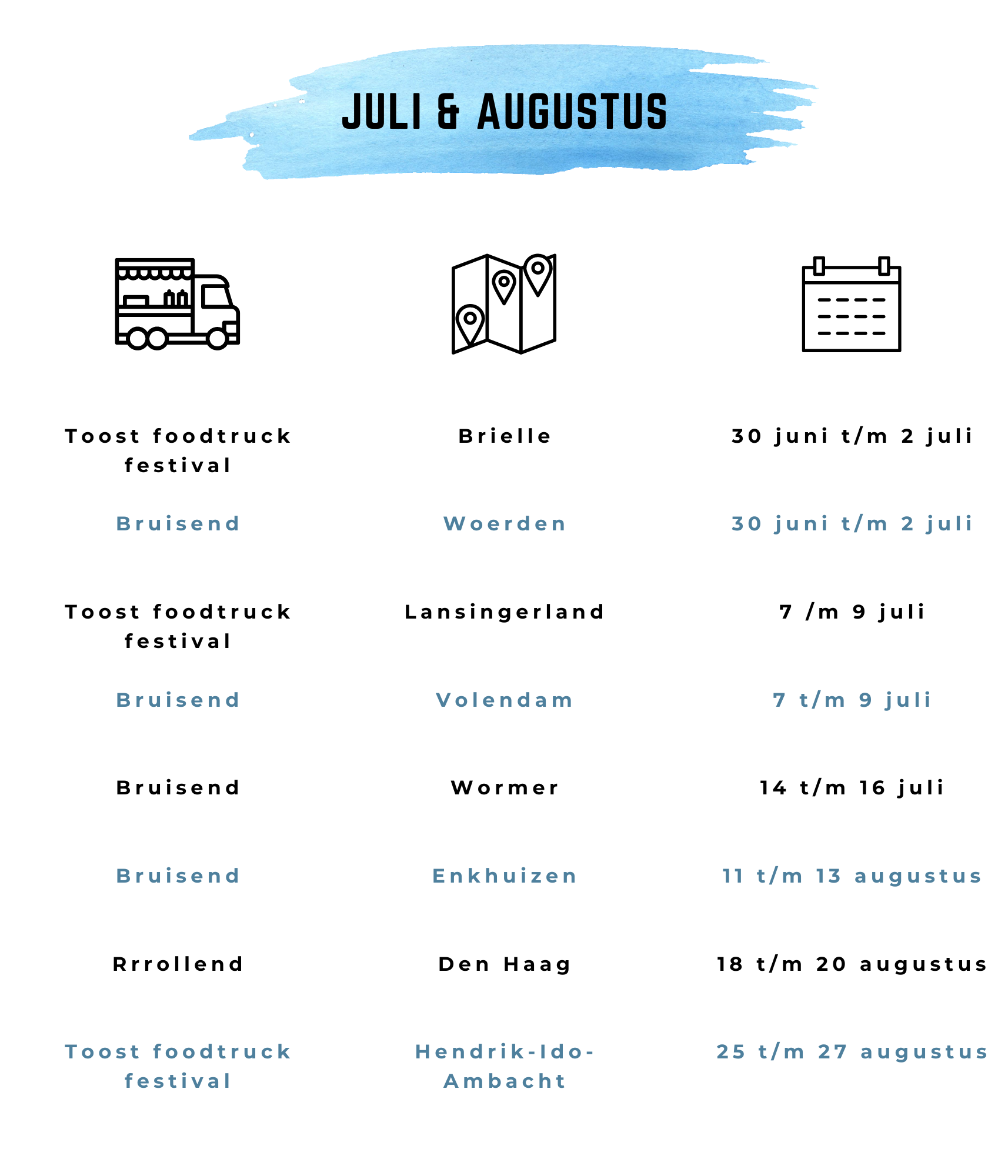 Foodtrucks jul-aug 2023 Toost Bruisend, Rrrollend Brielle, Woerden, Lansingerland, Volendam, Wormer, Enkhuizen, Den Haag, Hendrik-Ido-Ambacht