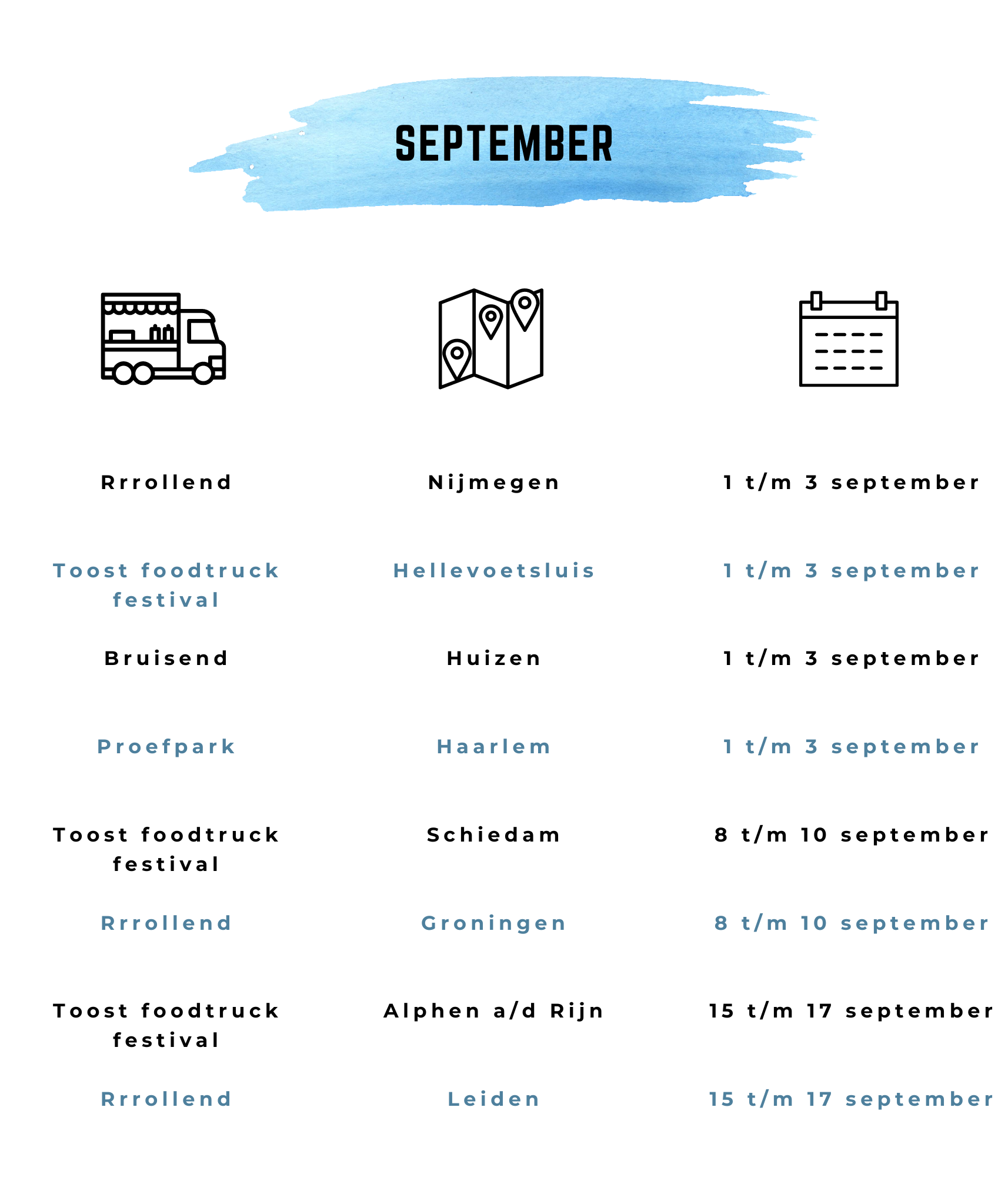 Foodtrucks festival sept 2023 Rrrollend, Toost, Bruisend, Proefpark, Nijmegen, Hellevoetsluis, Huizen, Haarlem, Schiedam, Groningen, Alphen a/d Rijn, Leiden