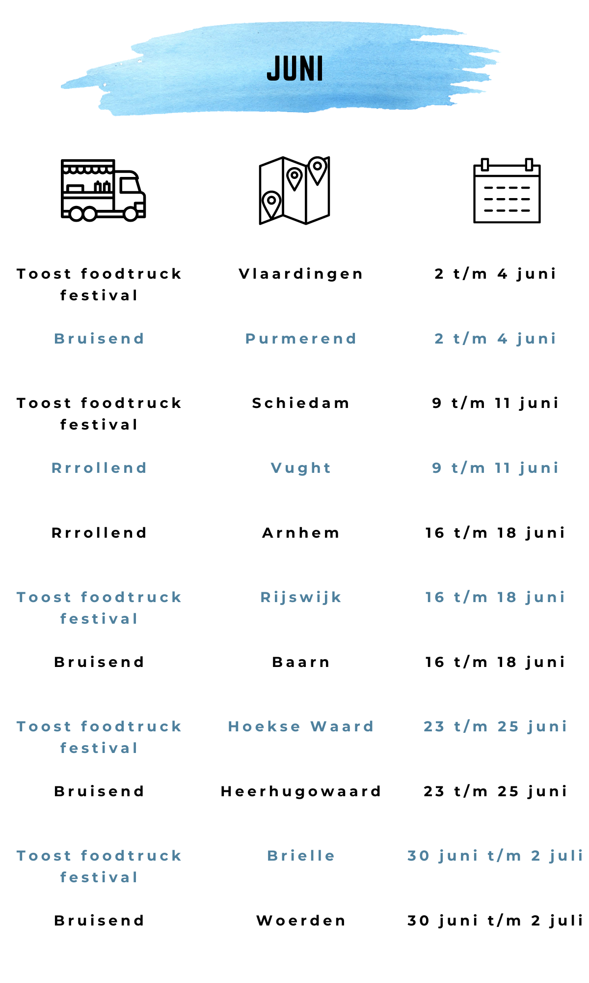 Foodtruck festival juni 2023 Toost Bruisend Rrrollend Vlaardingen Purmerend, schiedam, Vught, Arnhem, Rijswijk, Baarn, Hoekse Waard, Heerhugowaard, Brielle, Woerden