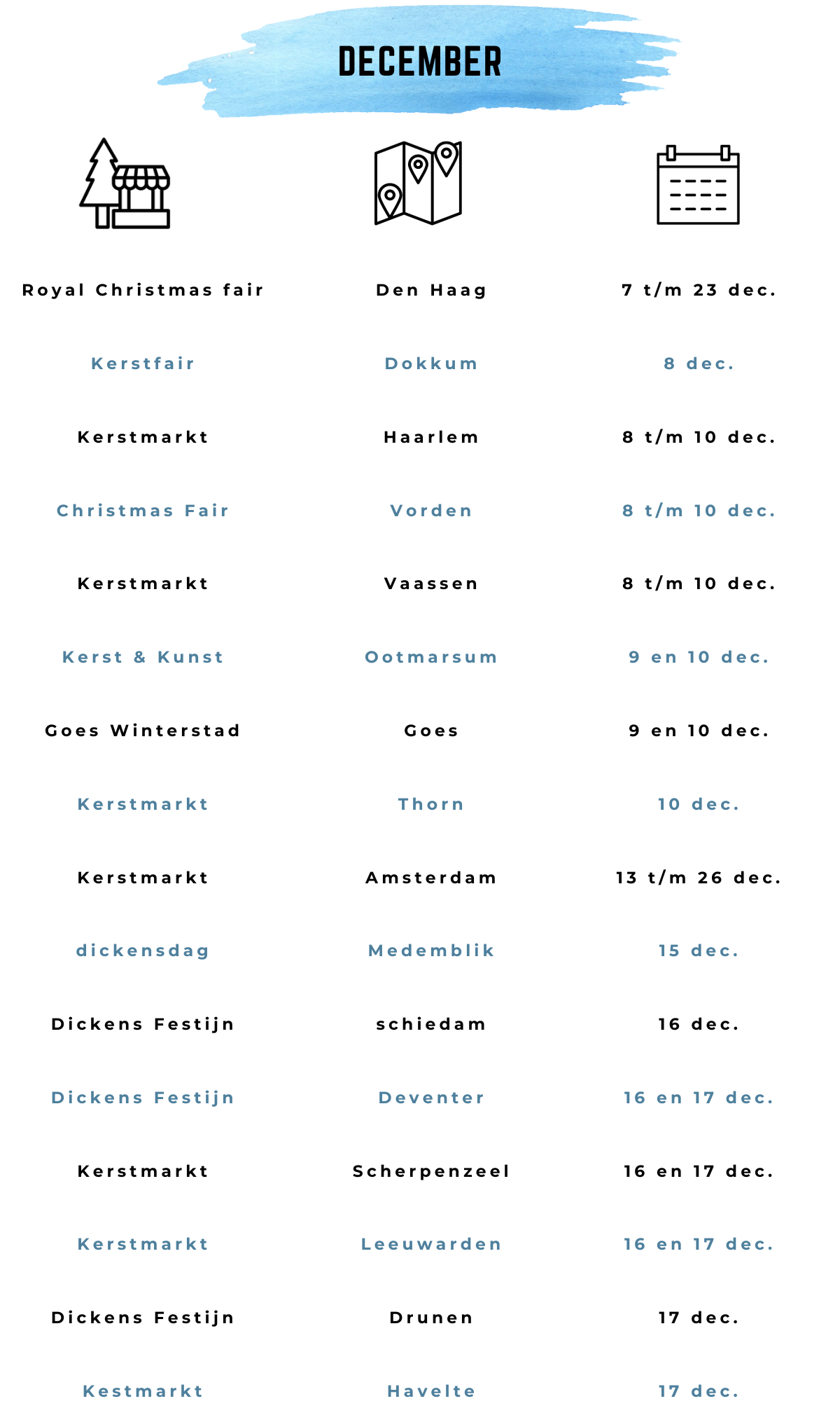 Kerstmarkten december Royal christmas fair Den Haag Dokkum Haarlem Vorden Vaassen Ootmarsum Goes Thorn Amsterdam Medemblik Schiedam Devente Scherpenzeel Leeuwarden Drunen Havelte