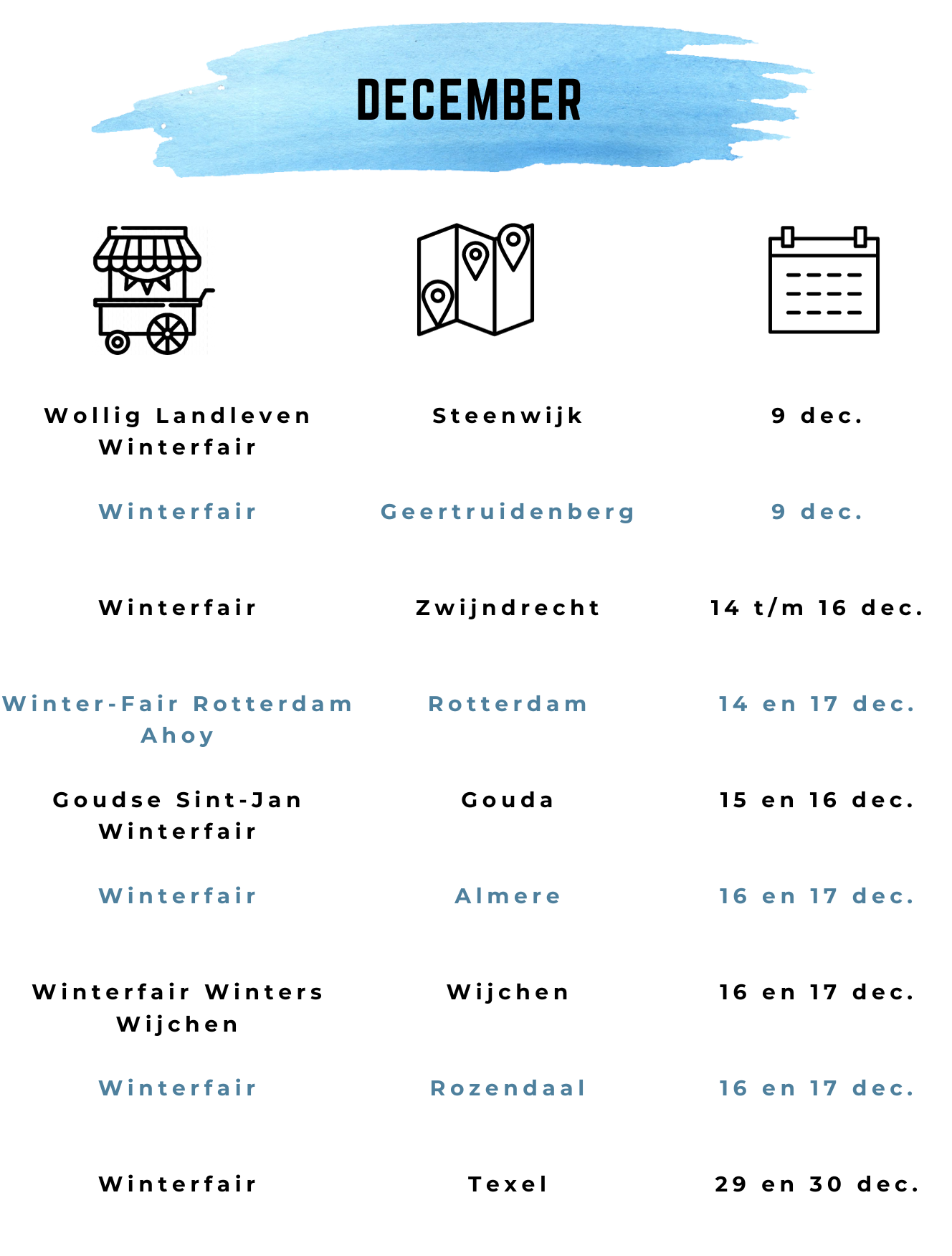 Winterfairs december Wollig landleven Steenwijk Geertruidenberg Zwijndrecht Rotterdam Gouda Almere Wijchen Rozendaal Texel