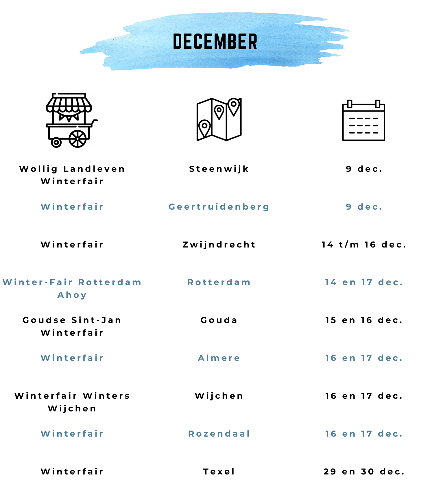 Winterfairs december Wollig landleven Steenwijk Geertruidenberg Zwijndrecht Rotterdam Gouda Almere Wijchen Rozendaal Texel