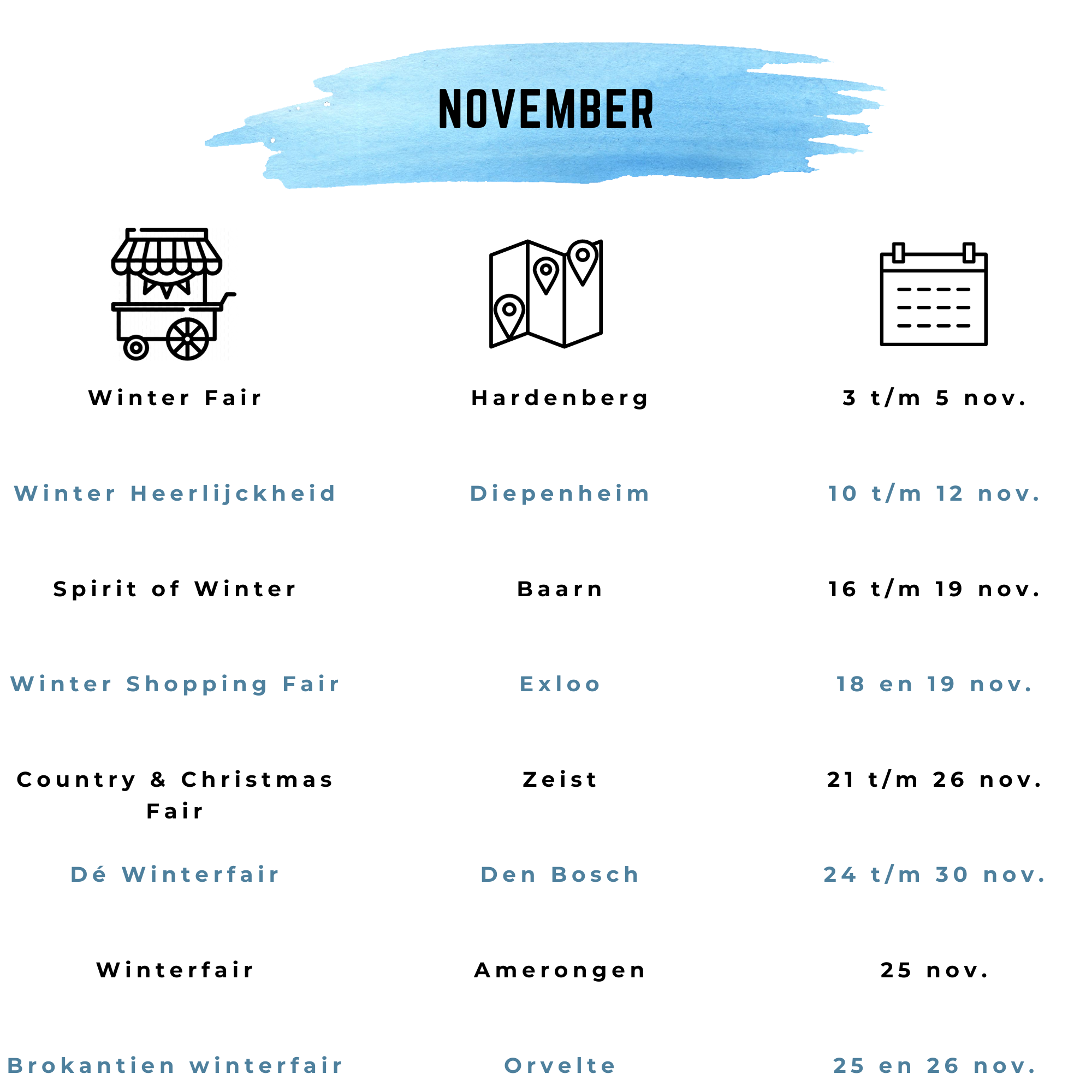 Winterfairs november Hardenberg Heerlijckheid Diepenheim spirit of winter Baarn Winter shopping Exloo Country christmas Zeist Den Bosch Amerongen Orvelte